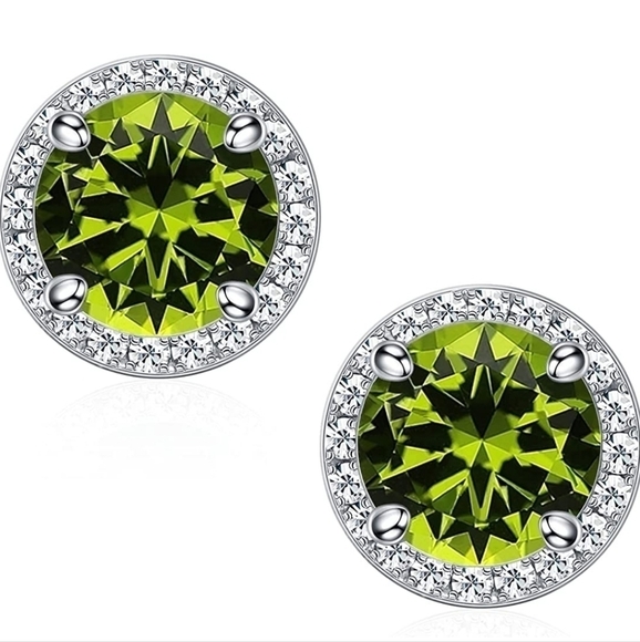 August 18k White Gold Peridot Birthstone Diamond Halo Stud Earrings S925 Gem - Picture 1 of 5
